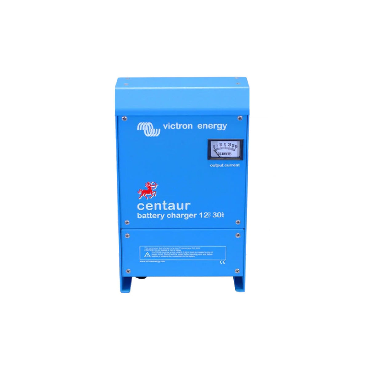 Victron Centaur Charger 12/30 (3 outputs) 12V 30A battery charger, front view, blue steel case with analogue 0-30 DC amperes output current meter