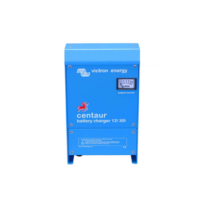 Victron Centaur Charger 12/30 (3 outputs) 12V 30A battery charger, front view, blue steel case with analogue 0-30 DC amperes output current meter