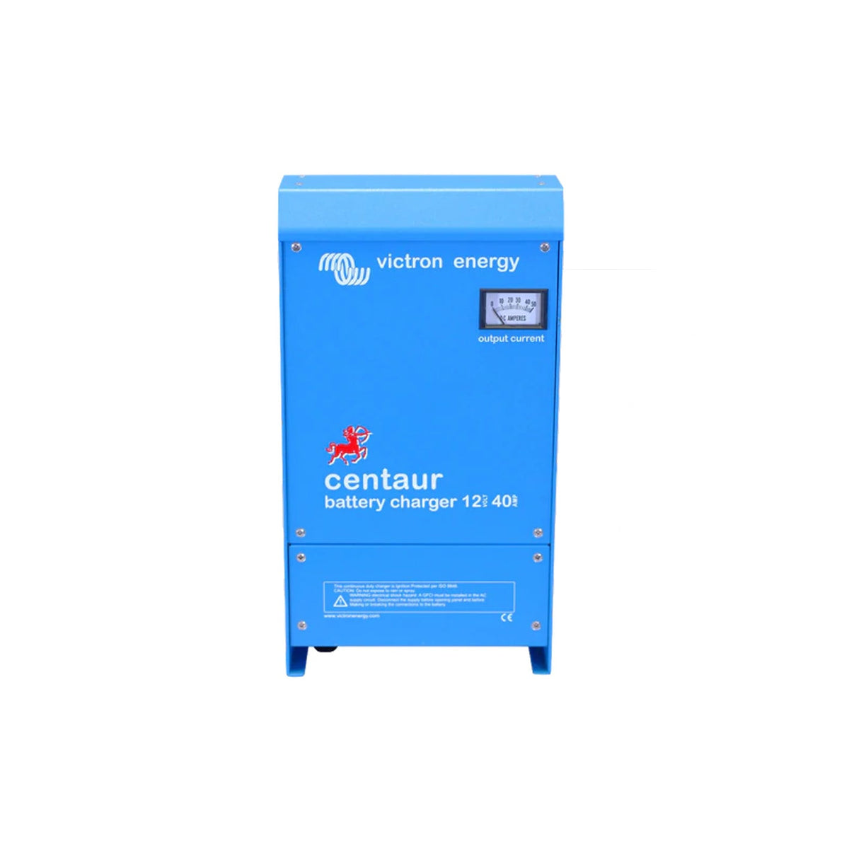 Victron Centaur Charger 12/40 (3 outputs) 12V 40A battery charger, front view, blue steel case with analogue 0-50 DC amperes output current meter