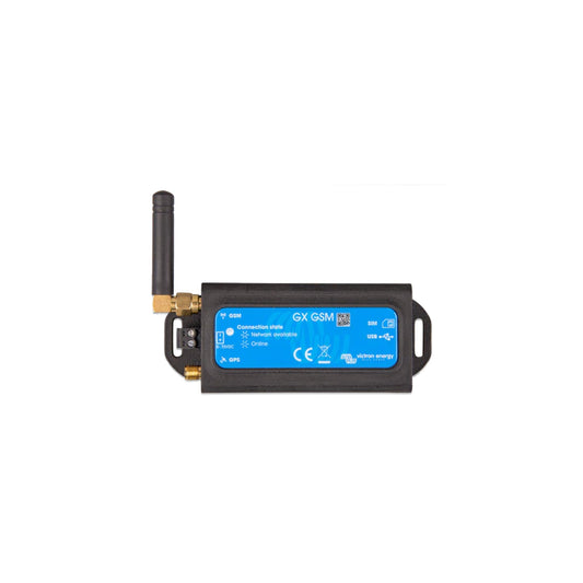 Victron GX GSM — front of module with GSM and GPS SMA ports, SIM and USB sockets, connection-state LEDs and stub antenna
