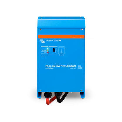 Victron Phoenix Inverter Compact 24/1600 230V pure sine wave inverter, front view, blue case with orange stripe, inverter, eco mode and alarm LEDs and on/off/eco rocker switch