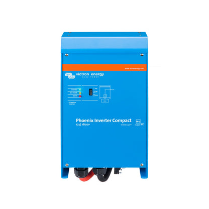 Victron Phoenix Inverter Compact 12/1600 230V pure sine wave inverter, front view, blue case with orange stripe and red and black DC battery cables entering the base