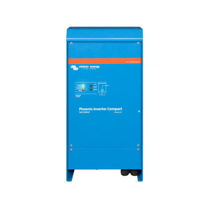 Victron Phoenix Inverter Compact 12/2000 230V pure sine wave inverter, front view, taller blue case with lower access panel and twin cable glands