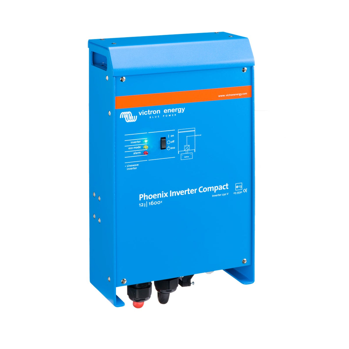 Victron Phoenix Inverter Compact 12/1600 230V pure sine wave inverter, angled three-quarter view showing the left side panel and DC cable glands at the base