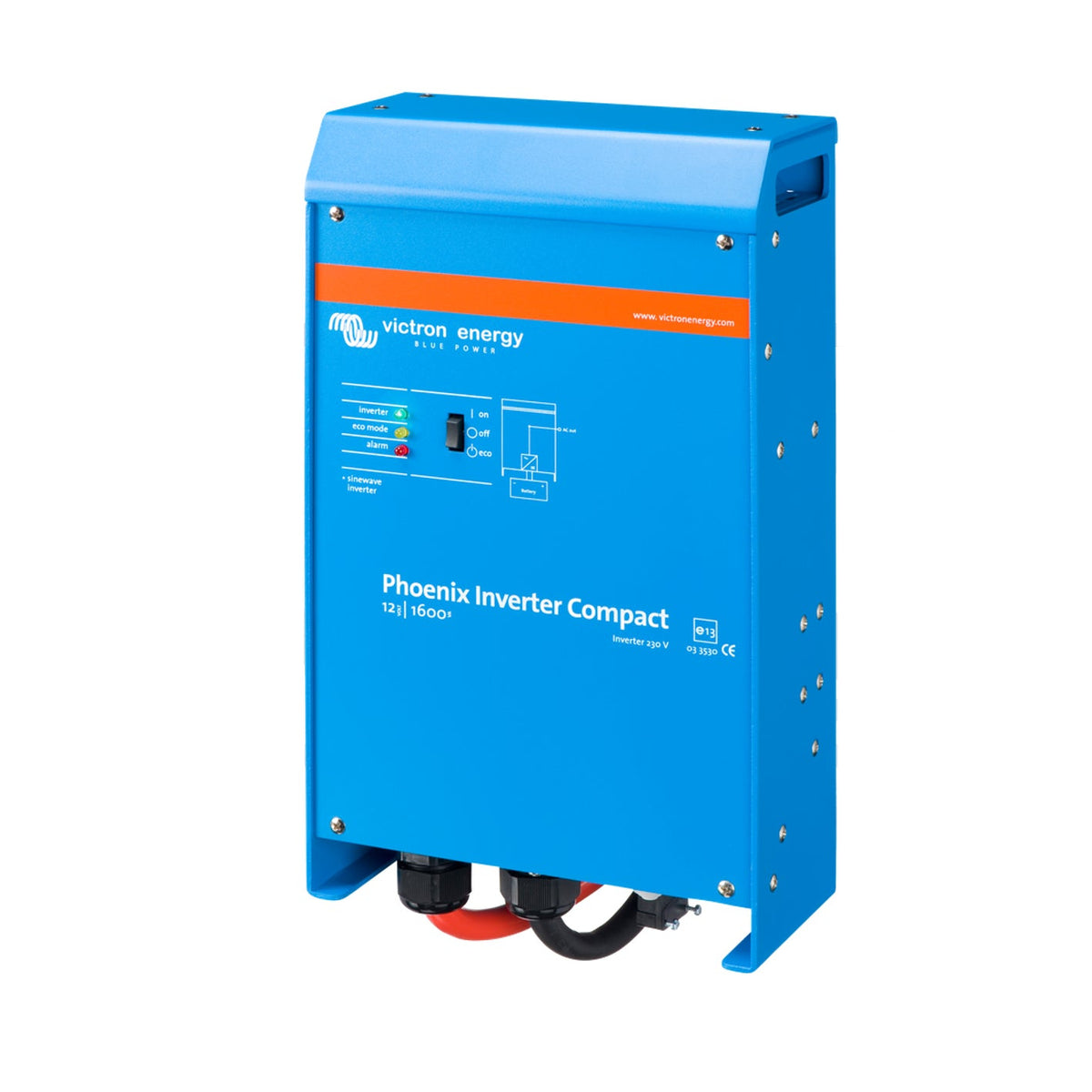 Victron Phoenix Inverter Compact 12/1600 230V pure sine wave inverter, angled three-quarter view showing the right side panel with mounting screws and carry slot in the top cover