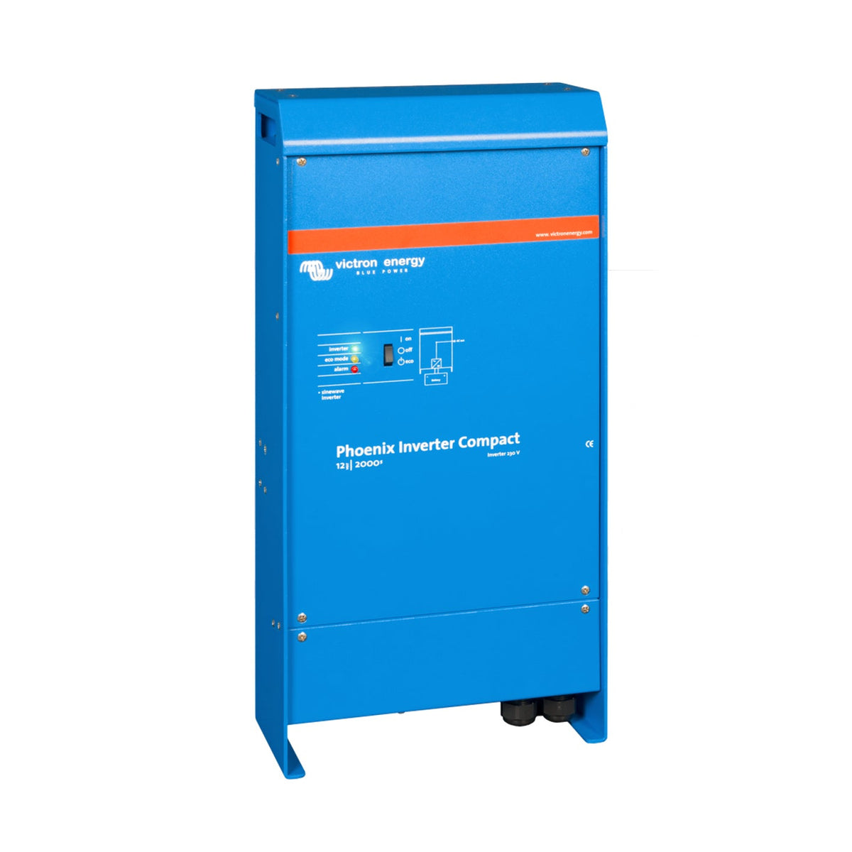 Victron Phoenix Inverter Compact 12/2000 230V pure sine wave inverter, angled three-quarter view of the taller case with lower access panel and twin cable glands