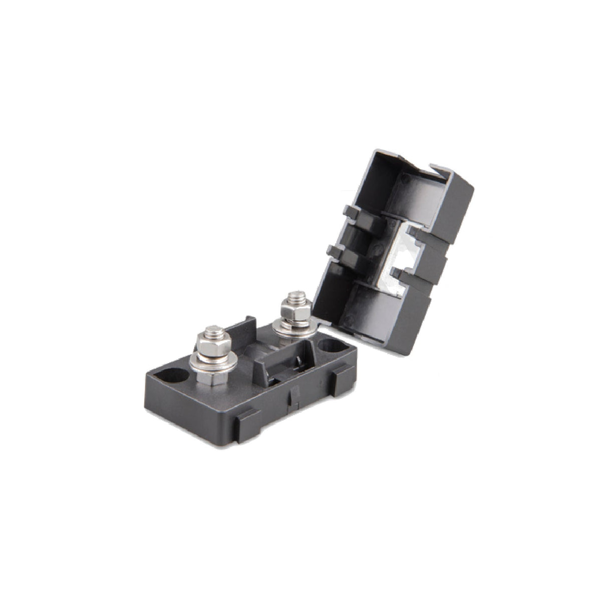 Victron fuse holder for MIDI-fuse, three-quarter view, black moulded base with two stainless steel bolt studs and the hinged cover shown open