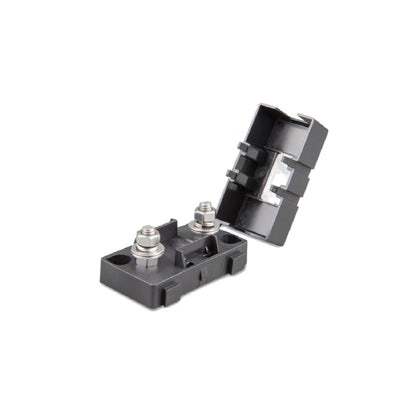 Victron fuse holder for MIDI-fuse, three-quarter view, black moulded base with two stainless steel bolt studs and the hinged cover shown open
