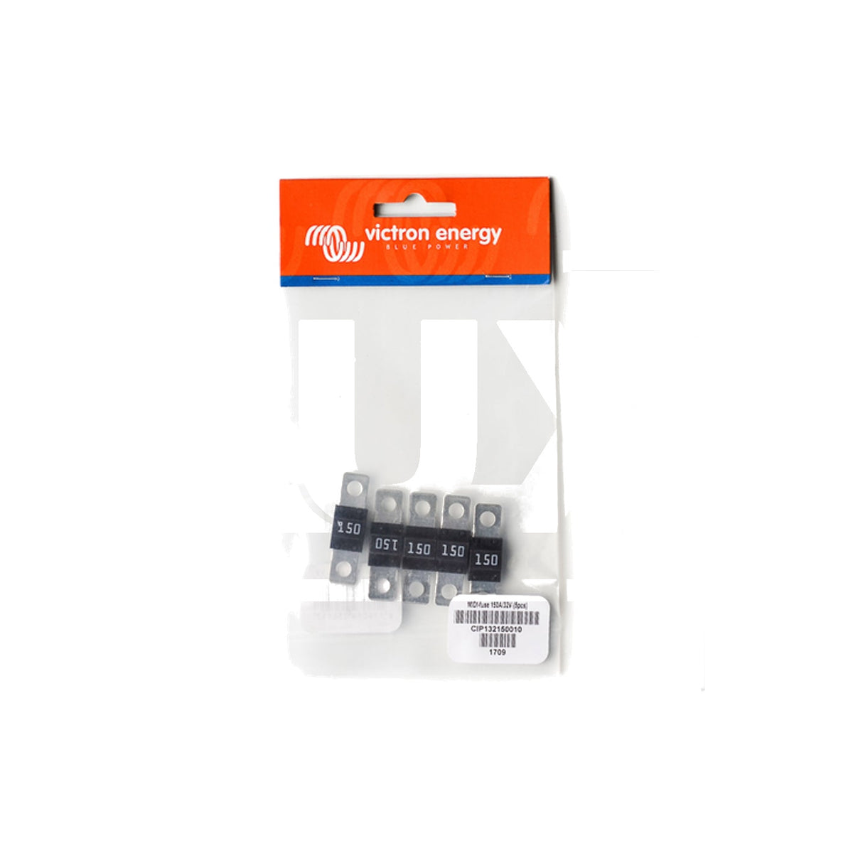 Victron MIDI-fuse 150A/32V, package of 5, black fuse bodies marked 150 laid in a row, in a Victron Energy retail bag labelled CIP132150010