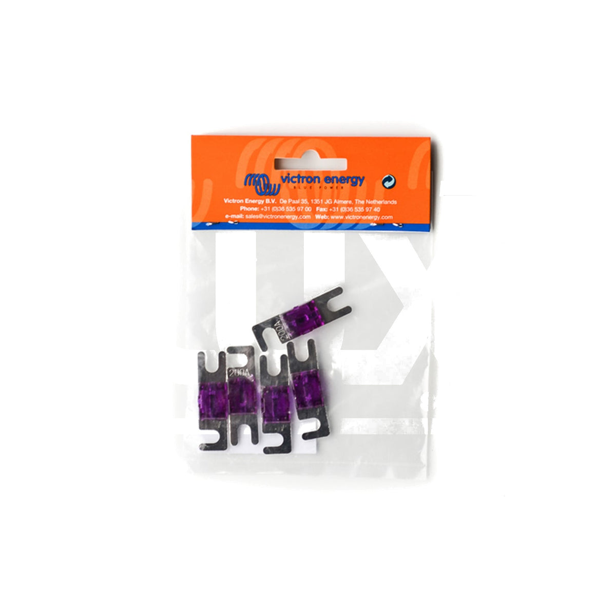 Victron 200A/32V fuses, package of 5, purple fuse bodies marked 200A on tinned metal tabs, in a Victron Energy retail bag