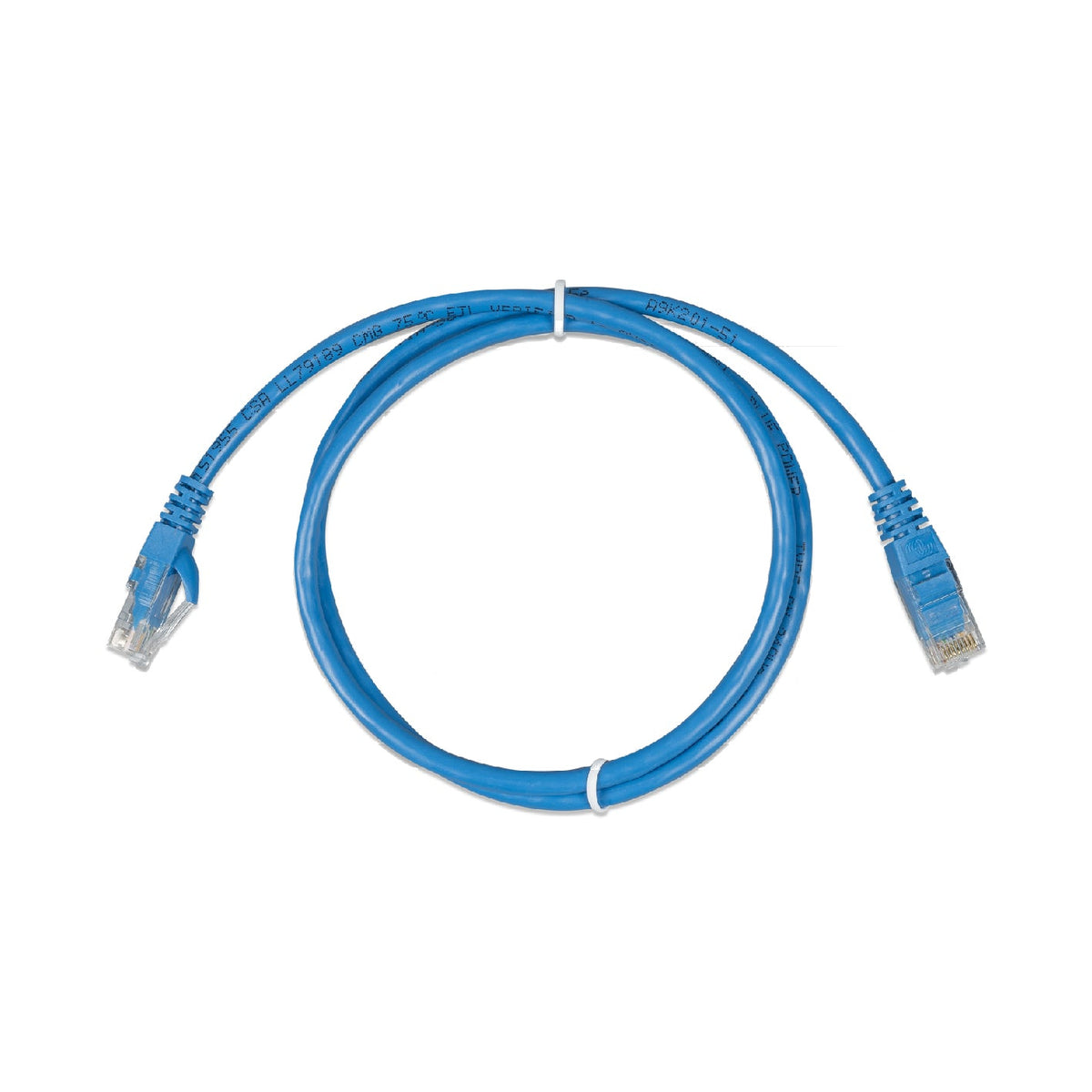 Victron RJ45 UTP patch cable — short blue lead coiled once, blue-booted RJ45 plug at each end, tied at two points