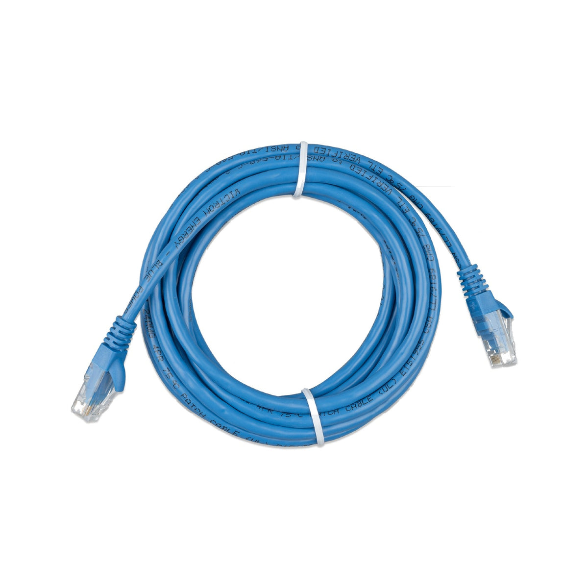 Victron Energy RJ45 UTP patch cable — blue lead in several coils, blue-booted RJ45 plugs, sheath printed BLUE POWER