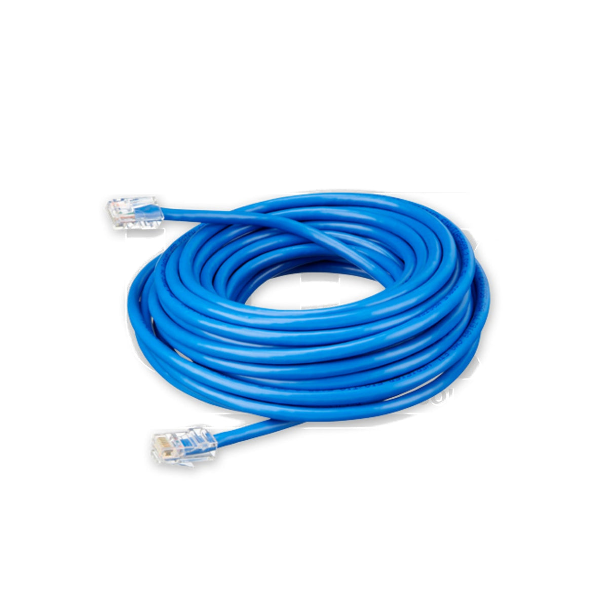Victron RJ45 UTP network cable — long blue lead coiled, unbooted clear RJ45 plug at each end