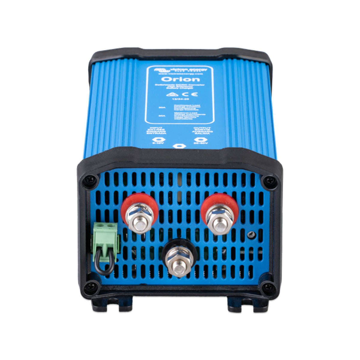 Victron Orion 12/24-20 non-isolated DC-DC step-up converter, front view of the terminal post plate with the 12/24-20 rating panel visible on the top face