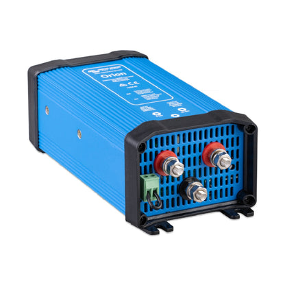 Victron Orion 12/24-20 non-isolated DC-DC step-up converter, angled right view of the blue case with black end caps and terminal post plate to the front