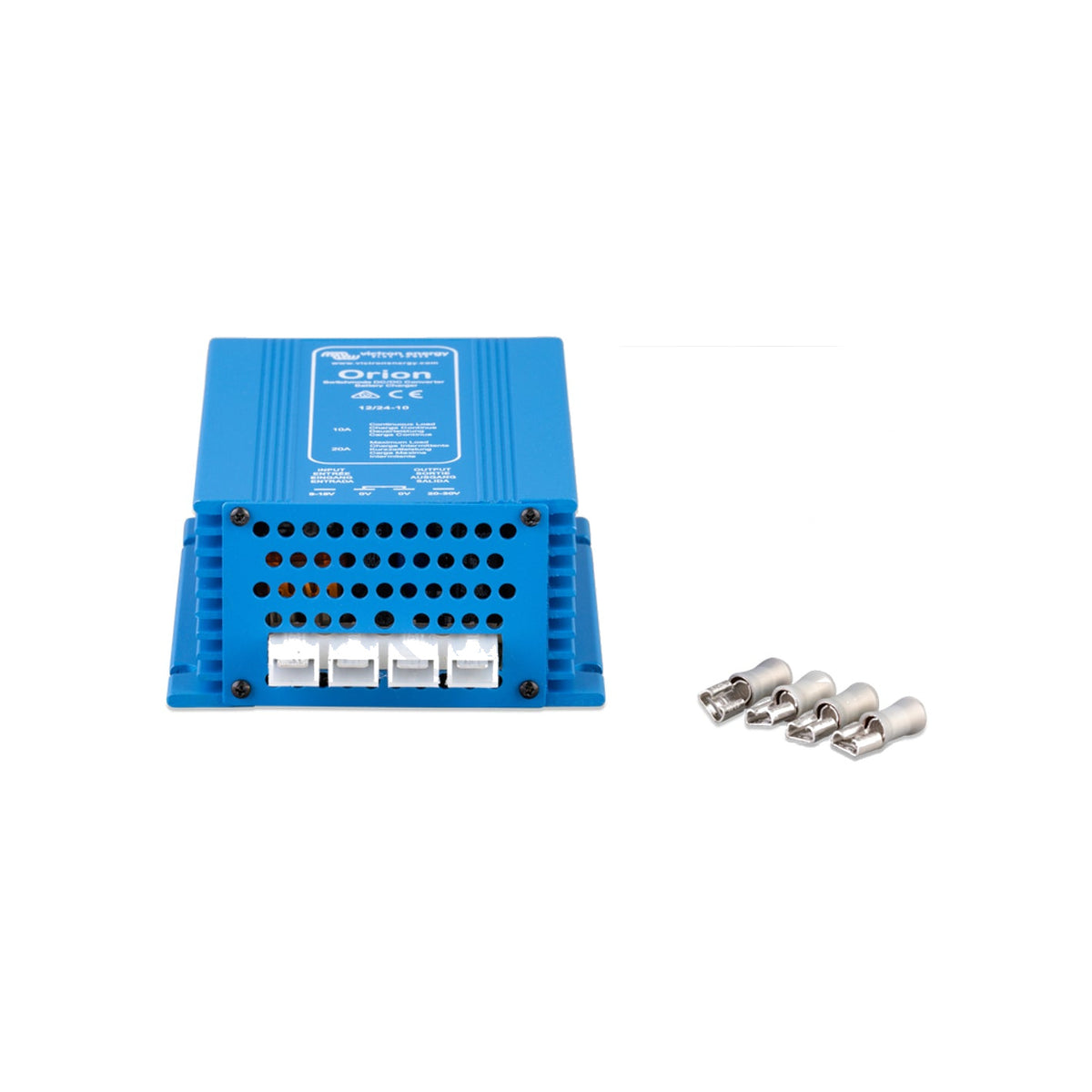 Victron Orion 12/24-10 non-isolated DC-DC step-up converter, angled top view showing the vented lower section and spade terminal strip, with insulated spade crimps alongside
