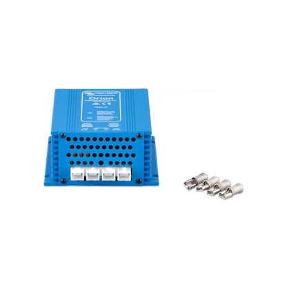 Victron Orion 12/24-10 non-isolated DC-DC step-up converter, angled top view showing the vented lower section and spade terminal strip, with insulated spade crimps alongside