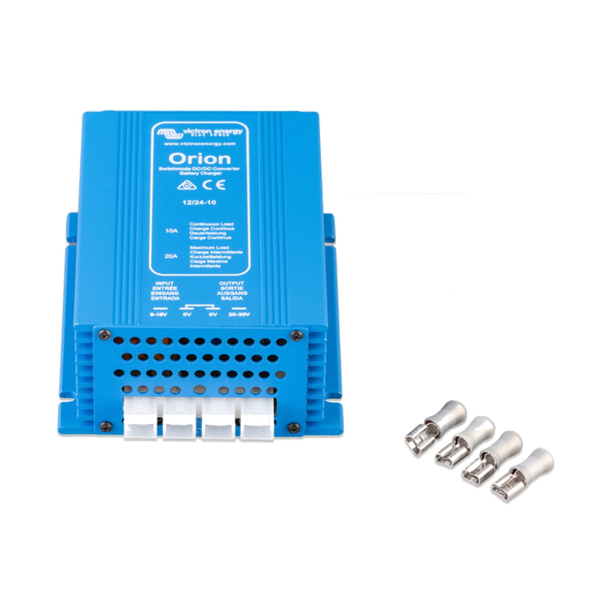 Victron Orion 12/24-10 non-isolated DC-DC step-up converter, close angled view of the flanged blue case, cooling vents and four shrouded spade terminals