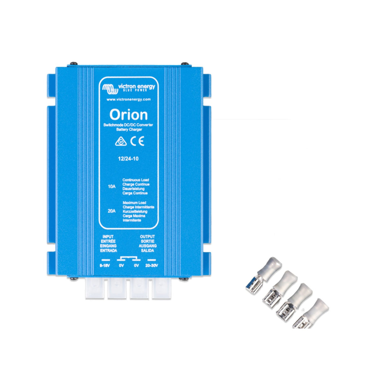 Victron Orion 12/24-10 non-isolated DC-DC step-up converter, top view of the flat blue case showing the 12/24-10 rating panel and 9-18V input to 20-30V output markings