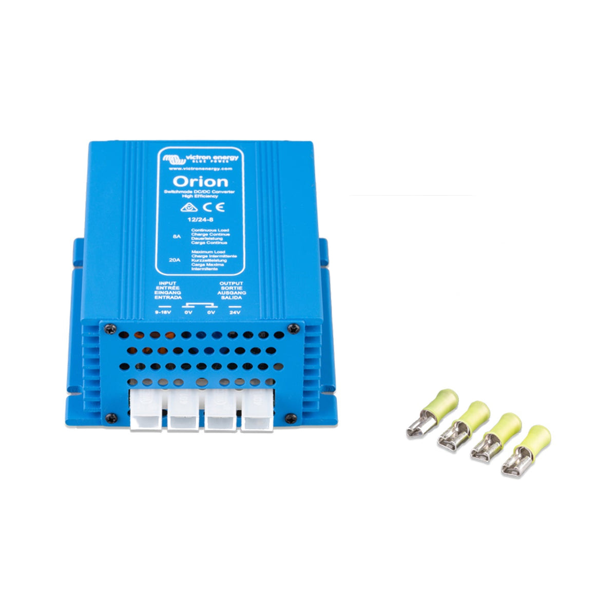 Victron Orion 12/24-8 non-isolated DC-DC step-up converter, close angled view of the flanged blue case, cooling vents and four shrouded spade terminals