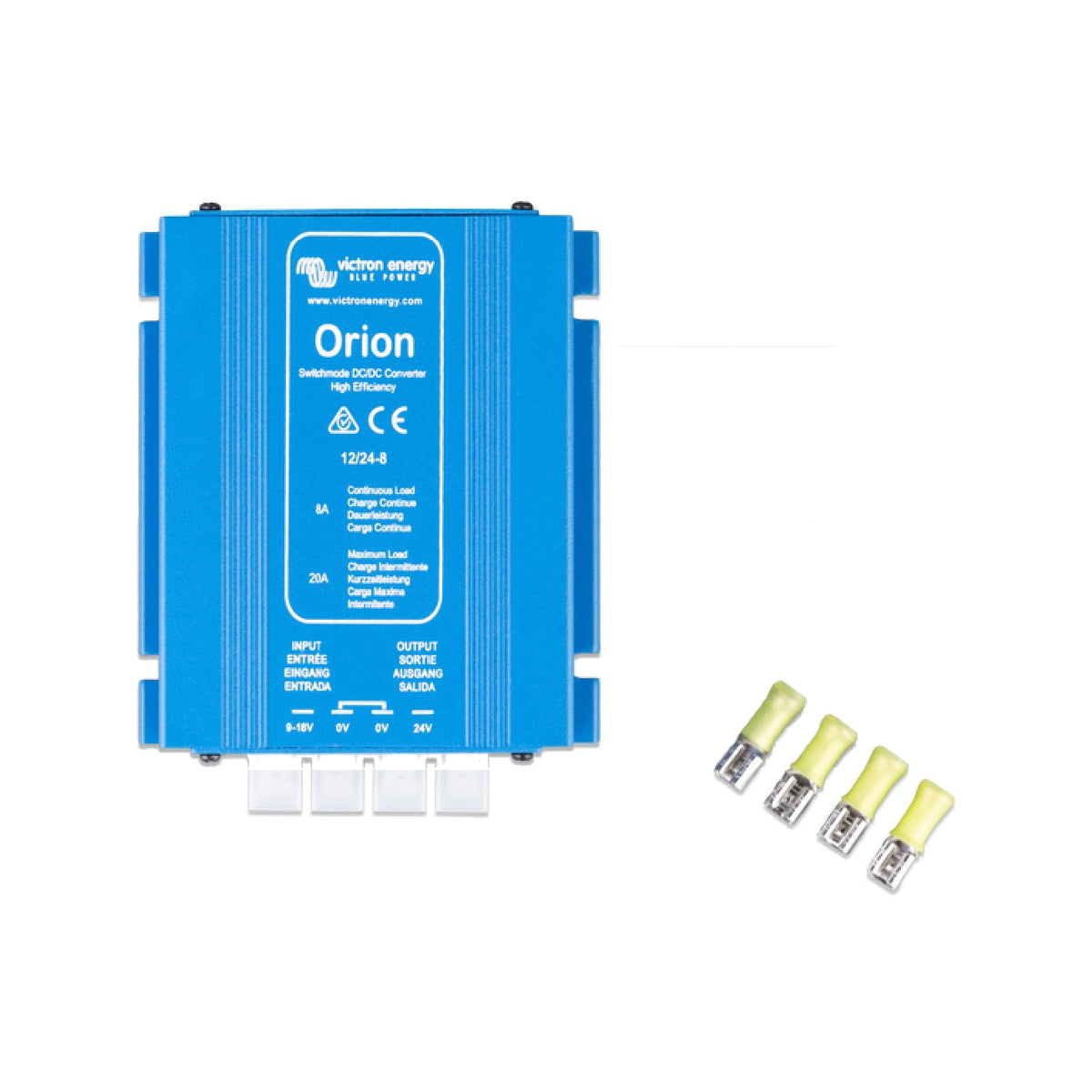 Victron Orion 12/24-8 non-isolated DC-DC step-up converter, top view of the flat blue case showing the 12/24-8 rating panel and 9-18V input to 24V output markings