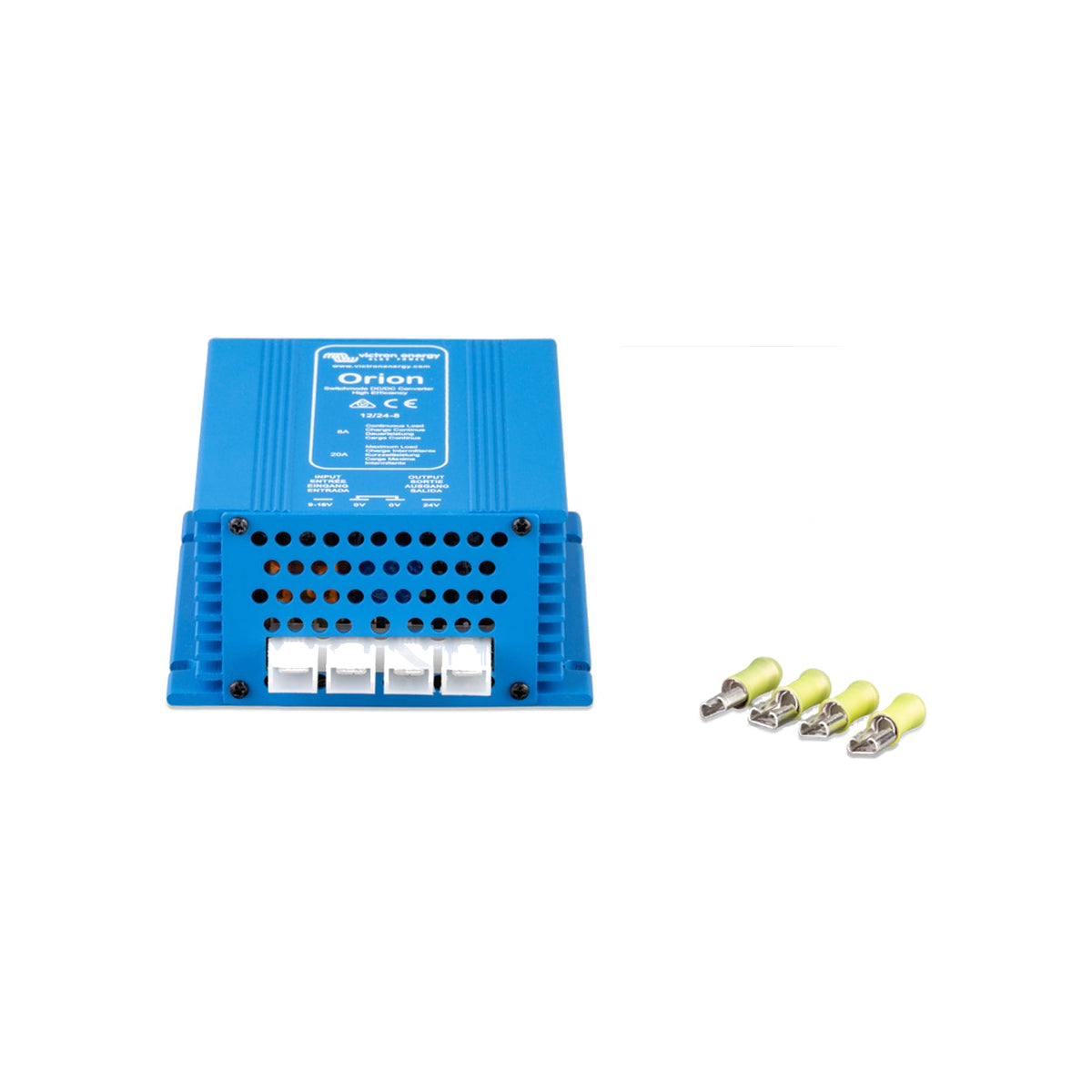 Victron Orion 12/24-8 non-isolated DC-DC step-up converter, angled top view showing the vented lower section and spade terminal strip, with yellow spade crimps alongside