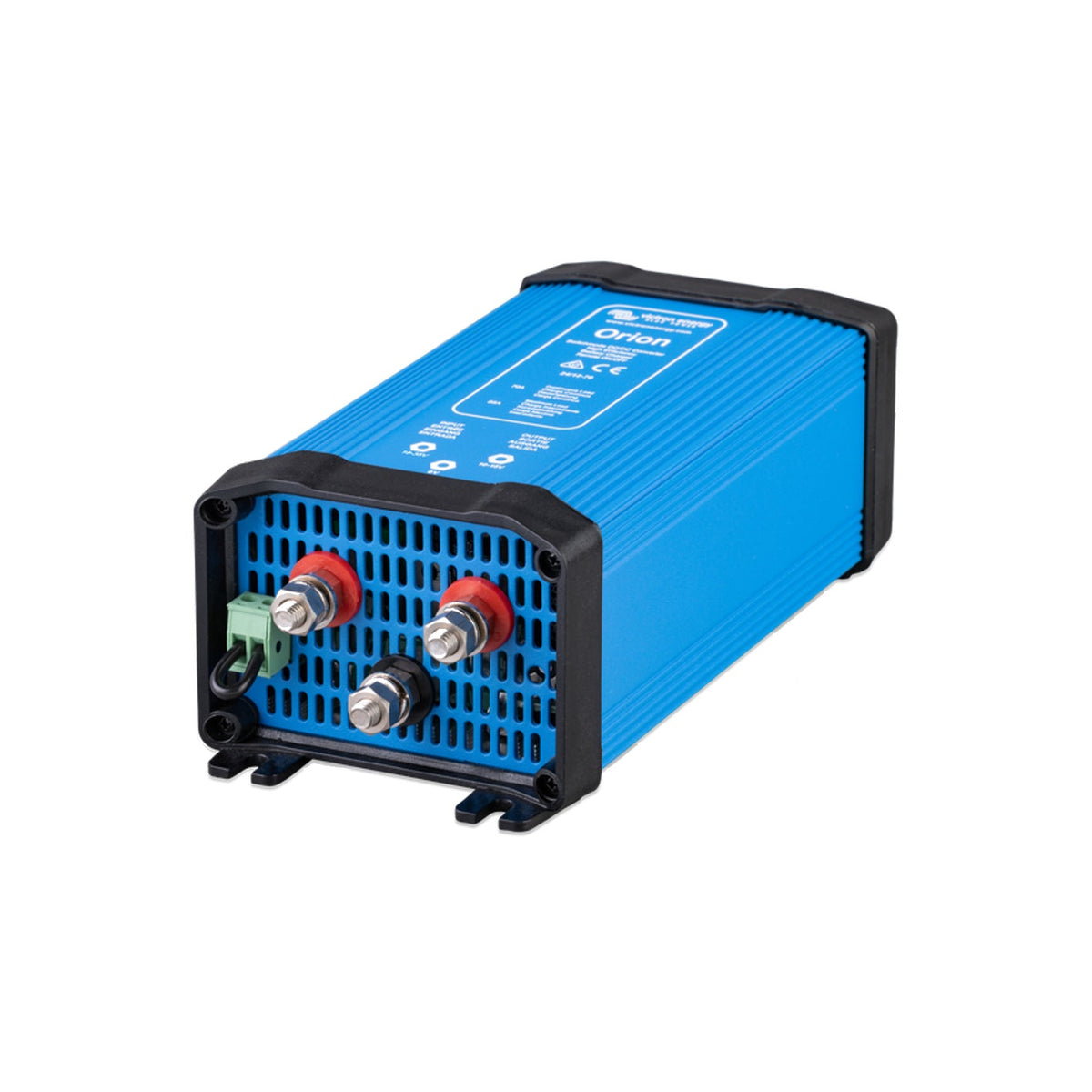 Victron Orion 24/12-70 non-isolated DC-DC converter, angled left view showing the ribbed blue case with black end caps and the threaded terminal post plate
