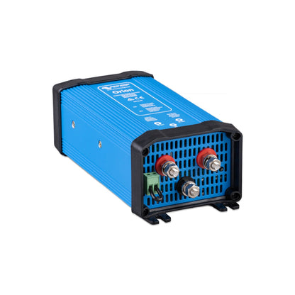 Victron Orion 24/12-70 non-isolated DC-DC converter, angled right view with the threaded terminal post plate to the front and the model label on the top face