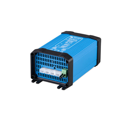 Victron Orion 24/12-25 non-isolated DC-DC converter, angled left view showing the ribbed blue extruded case, black end caps and spade terminal plate