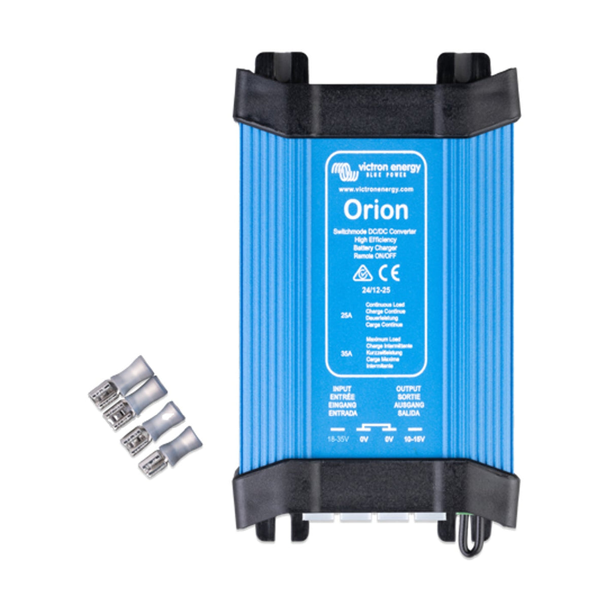 Victron Orion 24/12-25 non-isolated DC-DC converter, top view of the blue ribbed case showing the 24/12-25 rating panel and input and output markings