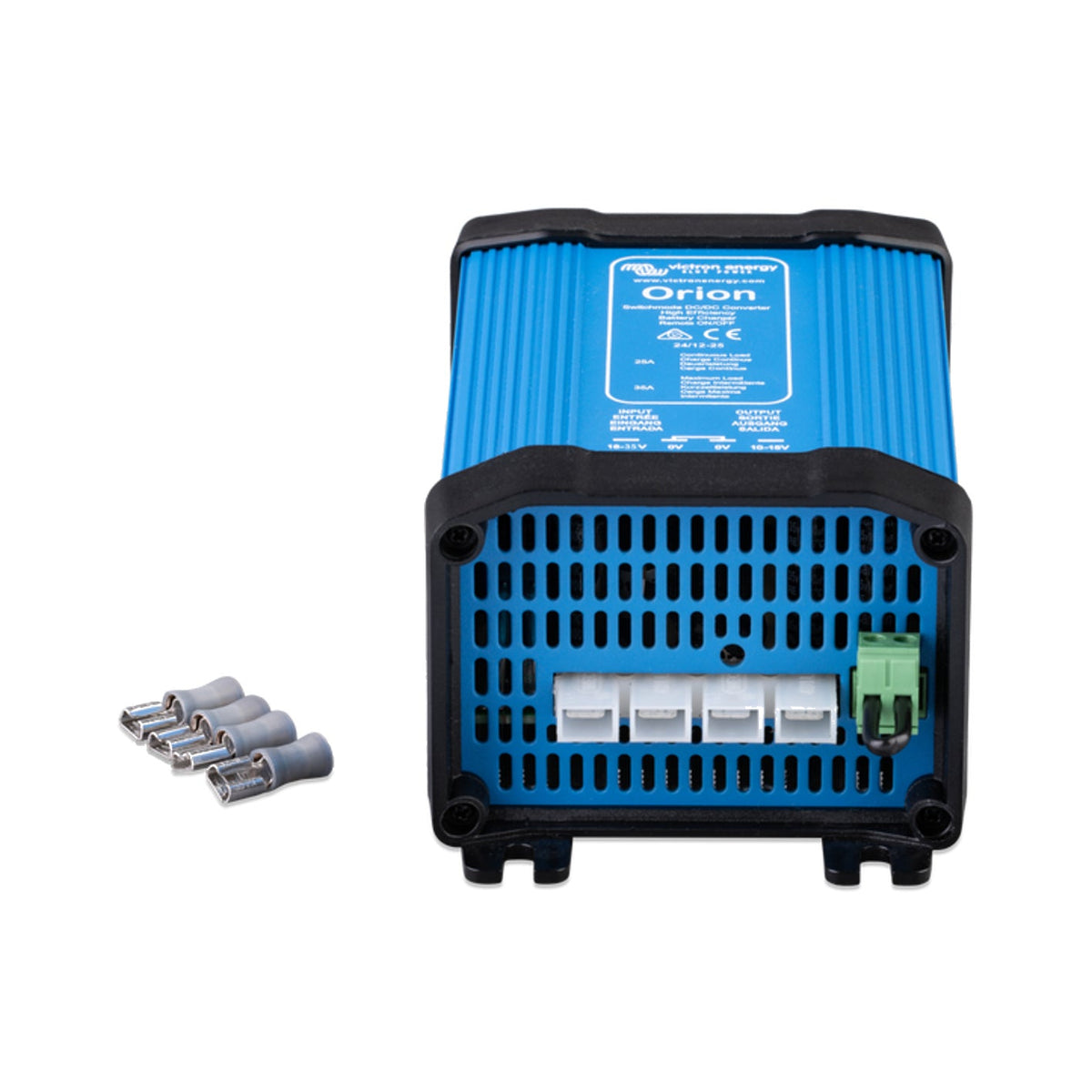 Victron Orion 24/12-25 non-isolated DC-DC converter, front view showing the vented terminal plate, shrouded spade terminals and green remote on/off connector