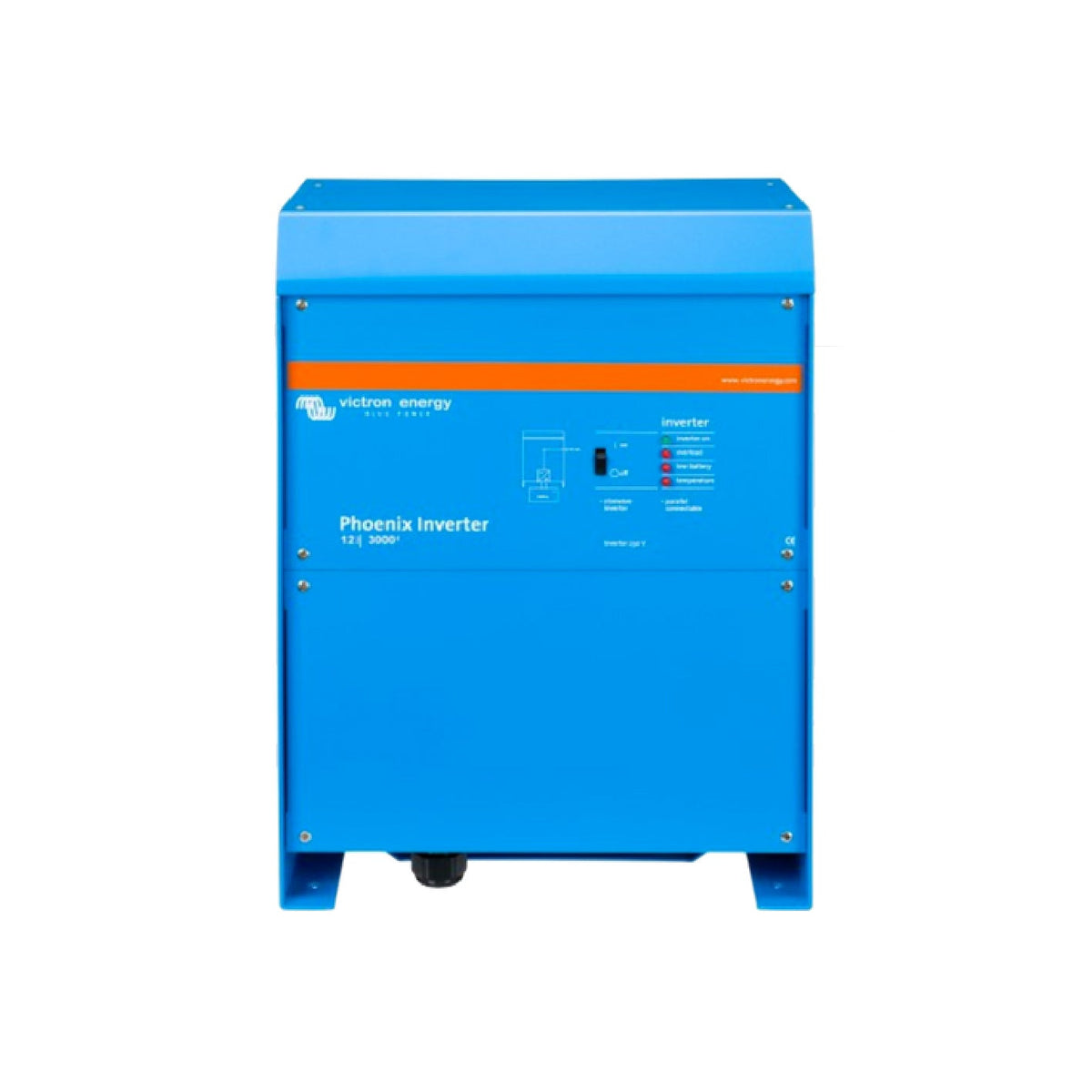 Victron Phoenix Inverter 12/3000 VE.Bus, 12 Volt 3000 VA 230 V pure sine wave inverter, front view, blue steel case on mounting feet with orange stripe, on/off rocker switch and four status LEDs