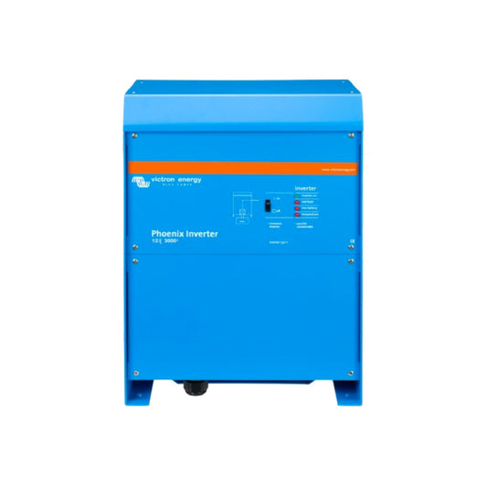 Victron Phoenix Inverter 12/3000 VE.Bus, 12 Volt 3000 VA 230 V pure sine wave inverter, front view, blue steel case on mounting feet with orange stripe, on/off rocker switch and four status LEDs