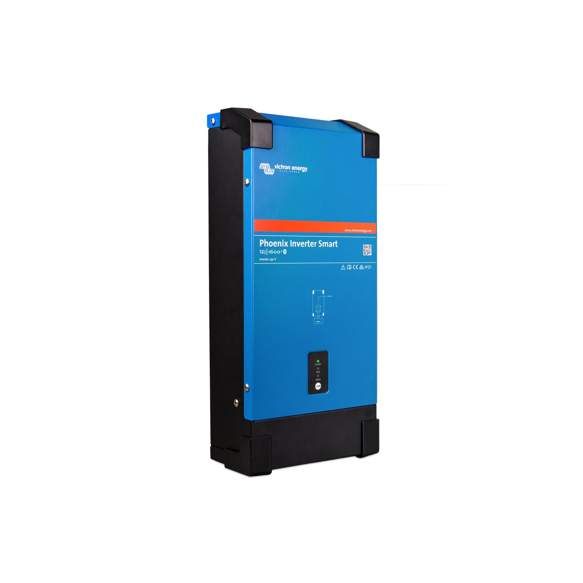 Victron Phoenix Inverter Smart 12/1600 230V, angled three-quarter view with the black finned side panel on the left