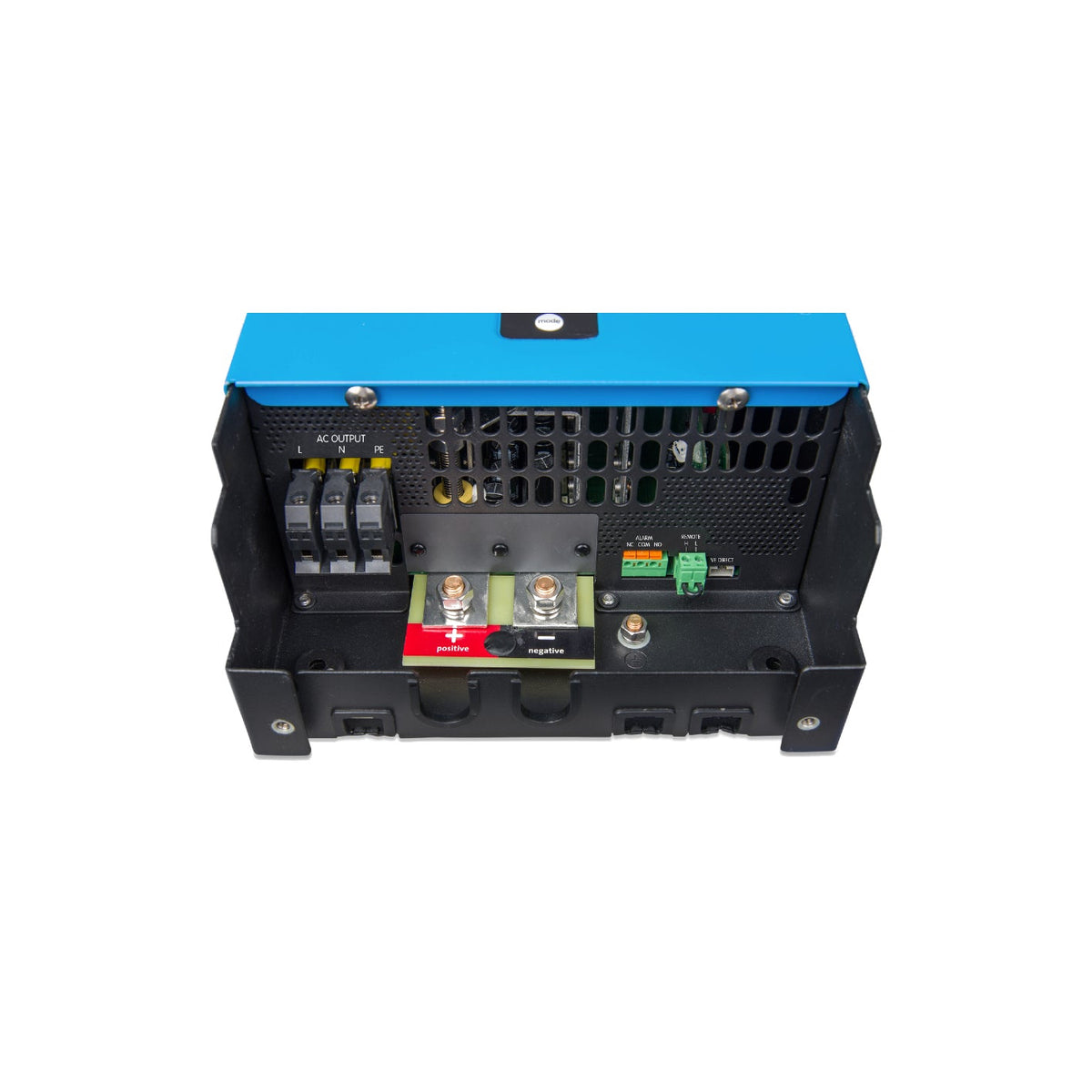 Victron Phoenix Inverter Smart underside connection compartment, AC output L/N/PE terminals with single positive and negative DC battery studs, alarm relay, remote on/off and VE.Direct port