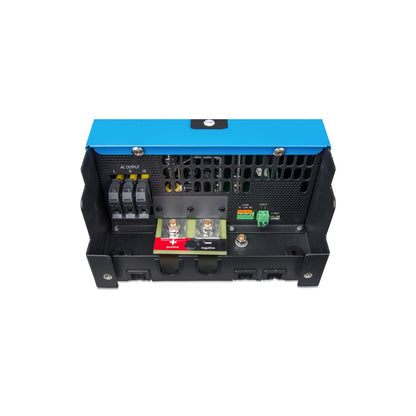 Victron Phoenix Inverter Smart underside connection compartment, AC output L/N/PE terminals with single positive and negative DC battery studs, alarm relay, remote on/off and VE.Direct port