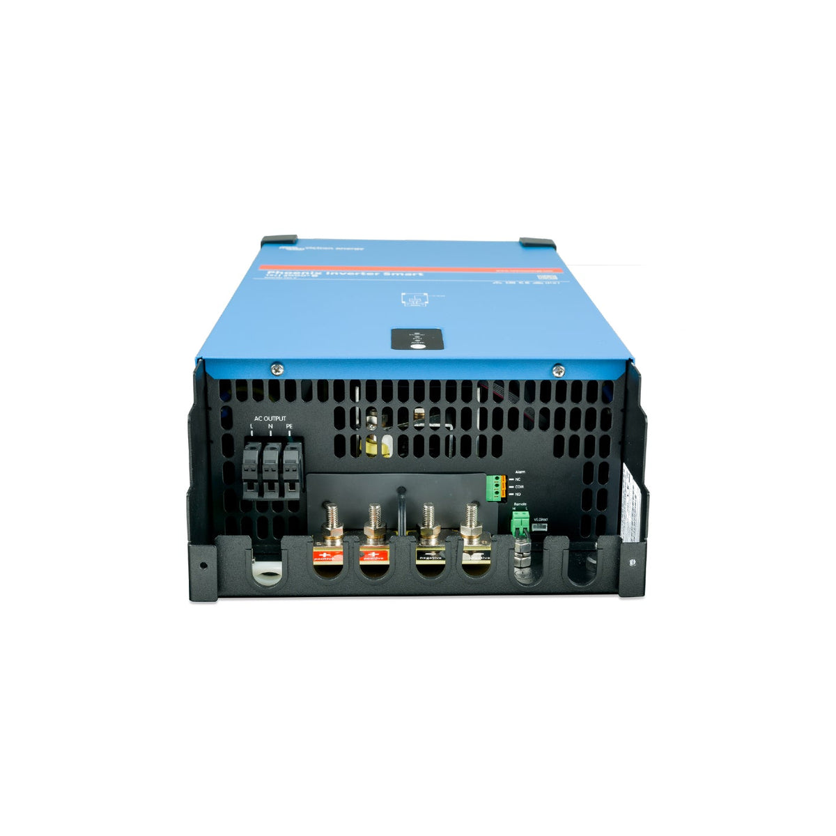Victron Phoenix Inverter Smart, angled view of the underside connection compartment with AC output terminals, twin positive and negative DC battery studs, alarm relay, remote on/off and VE.Direct port