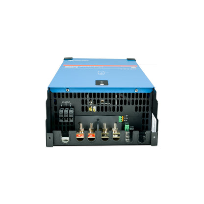 Victron Phoenix Inverter Smart, angled view of the underside connection compartment with AC output terminals, twin positive and negative DC battery studs, alarm relay, remote on/off and VE.Direct port