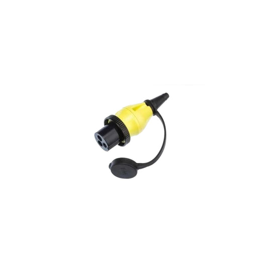 Victron shore power plug for power inlet — yellow body, black three-pin socket face, screw collar, cap on strap
