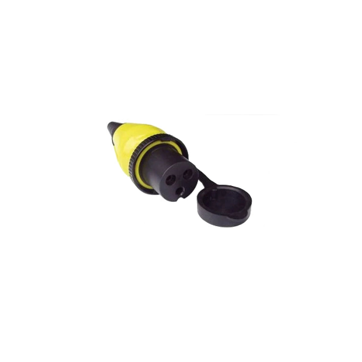 Victron shore power plug for power inlet — angled view, yellow body with black three-pin socket face and open cap