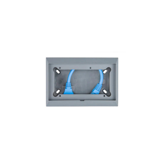 Victron wall mounting box for GX panels - grey enclosure, open rectangular aperture, four keyhole pads, two blue RJ45 leads