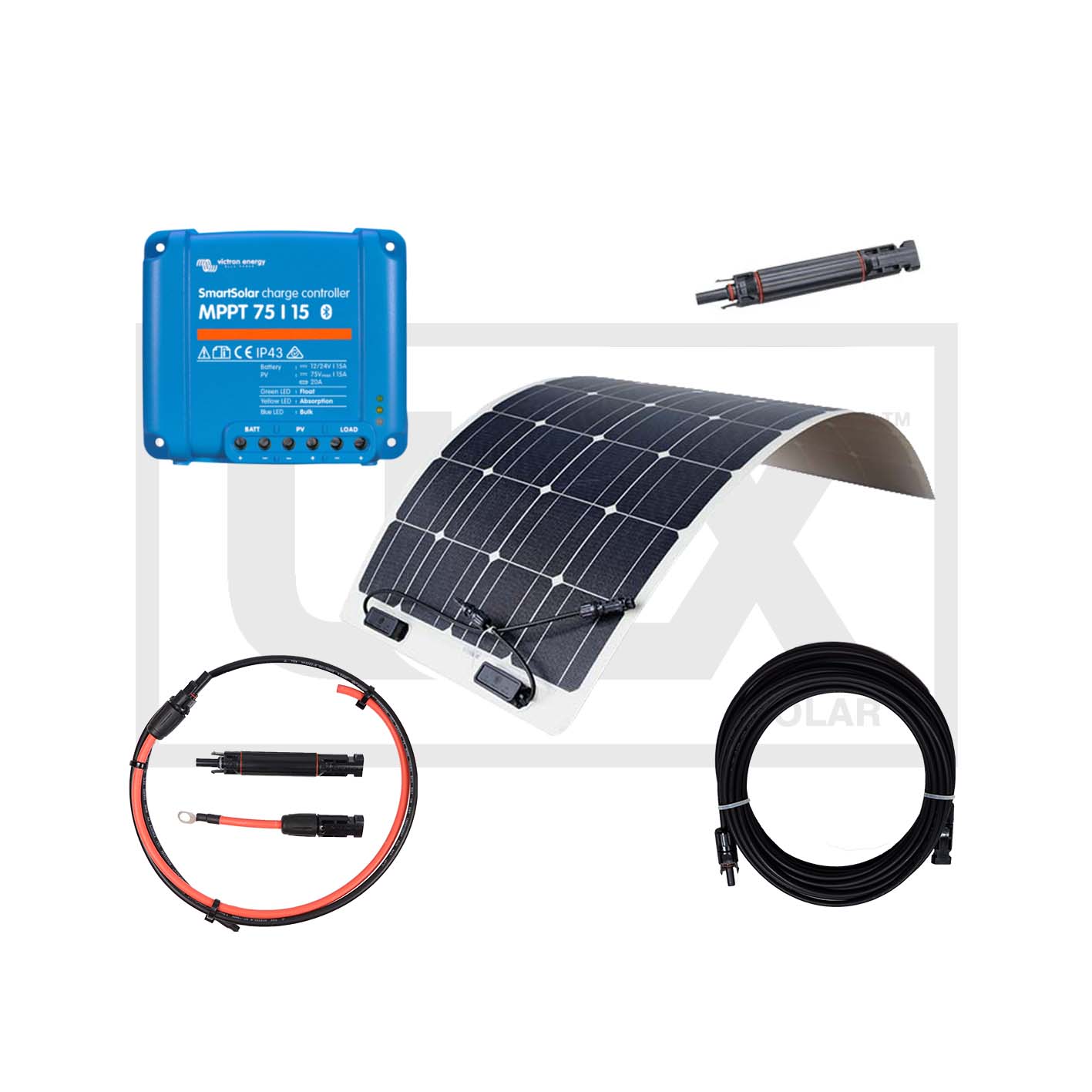 LUX Solar flexible marine solar kit: one semi-flexible ETFE solar panel shown curved, Victron SmartSolar MPPT 75/15 charge controller, inline MC4 fuse holder, battery lead with ring terminal and MC4 extension cable