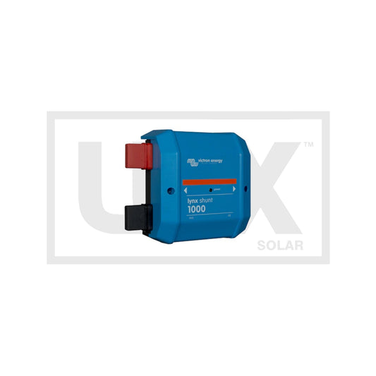 Victron Energy Lynx Shunt VE.Can 1000A DC busbar with integrated battery monitor, front view, blue case with red positive and black negative terminal covers and power LED
