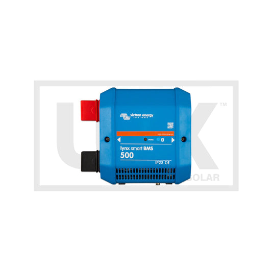 Victron Lynx Smart BMS 500 battery management system, front view, blue case with red and black busbar terminal covers, status LED and Bluetooth indicator, IP22