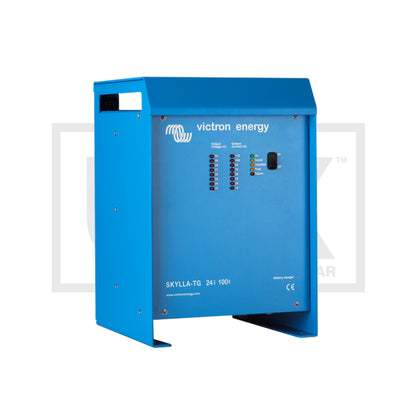 Victron Skylla-TG 24/100 (1+1) battery charger, angled right view, blue case with output current LED bar reading up to 112 A