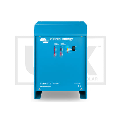 Victron Skylla-TG 24/50 battery charger, front view, blue aluminium case with output voltage and output current LED bars and on/off rocker switch