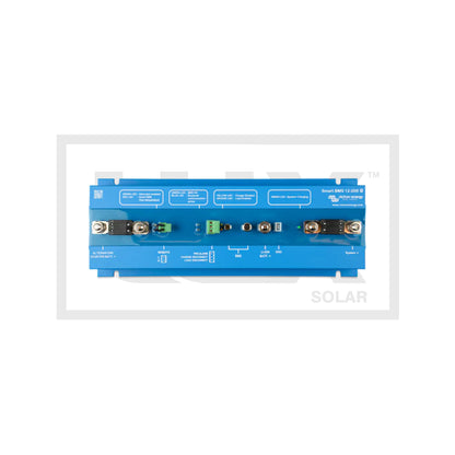 Victron Smart BMS 12-200 — top view of blue unit with alternator, remote, BMS and system terminals labelled